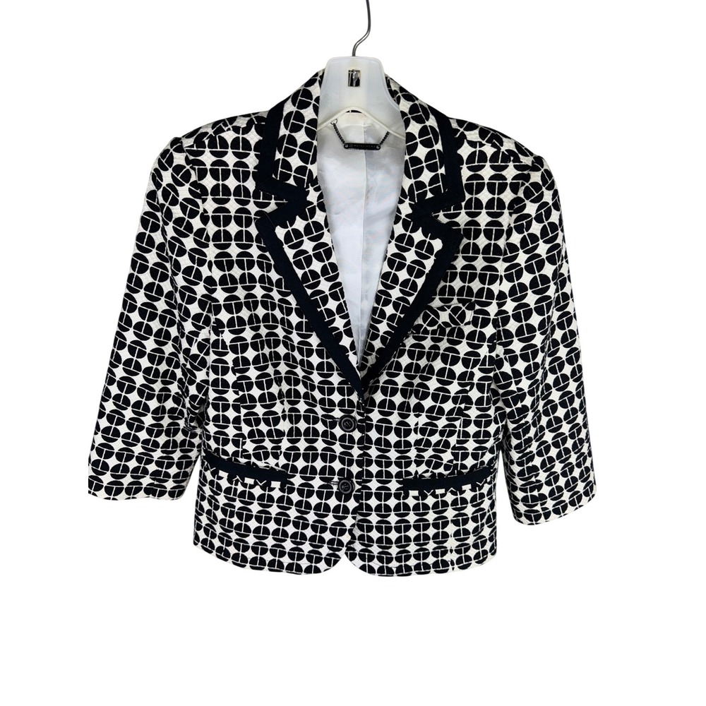 Trina Turk Womens Black White Geometric Print Blazer Jacket 3/4 Sleeve Cotton 10